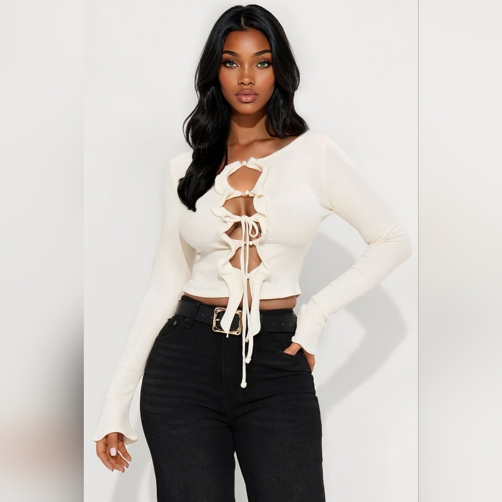 Fashion Nova Cream Tie-Front Crop Top